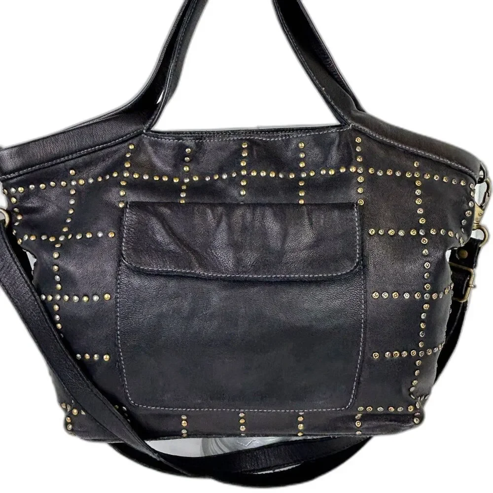 Latico NJ Free People Colin Leather Tote Bag Black Studded Mixed Metal Shoulder